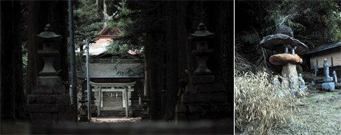映画にも登場する湯野神社。大ケヤキから続く参道は杉に囲まれ、古から続く荘厳な雰囲気を味わうことができる。鳥居の横には「砂の器」の石碑も(左)。「亀嵩」には古くからの集落が残る。町角に立つ地蔵(右)。