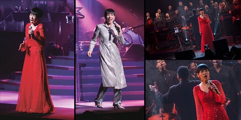 (左右)ニューヨークのアポロシアターでのライブの様子。日本人の単独公演は初めてのこと。会場には1450人のファンが押し寄せ満員。日本からのツアー客は40人のみ。(中)今夏、デビュー40周年記念ライブが全国10カ所で開催された。写真はNHKホールのもの。