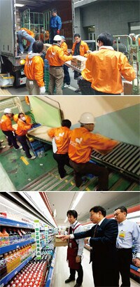 (上)緊急手配したトラックにはリフトがないためローラーで運び出す。(中)荷運びのため階段にローラーを敷設。震災直後は「バケツリレー」だった。応援チームは2泊3日で店内に泊まった。(下)6月2日。店内を視察する桑原道夫社長と芝村浩三店長。桑原社長は1カ月半ぶりの来店だった。