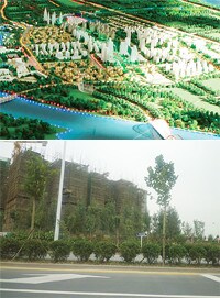 パナソニックと日立製作所で参画「天津エコシティ」●中国天津市の中心から北45kmに展開する総額3.5兆円プロジェクト。マンション11万戸、計画人口35万人。その構想模型(写真上)。同地区に建設中のマンション(写真下)。
