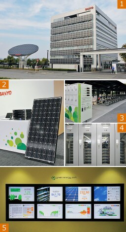加西グリーンエナジーパーク(写真1)。三洋の太陽電池と蓄電用標準電池システム(写真2)。ひさしに太陽電池が設置された加西事業所の自転車置き場(写真3)。蓄電池棟の大型蓄電システム(写真4)。発電・蓄電状況が“見える化”(写真5)。