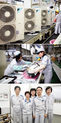 上海郊外にある工場では、マルチエアコン(写真上、室外機)から小型のルームエアコン(写真中)までさまざまな機器が組み立てられる。下は暖房の開発メンバー。中国発の商品を世界で展開するのが夢。