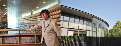 安藤忠雄氏設計の司馬遼太郎記念館。外部の建築のみならず、内部の大書架は圧巻。司馬作品を楽しむことができる(右)。館長の上村洋行氏。落ち着いた語り口で展開される話からは、司馬遼太郎氏と作品に対する深い愛情が伝わってくる(左)。