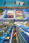 新大阪駅から車で10分程度の場所にある仕分け用の物流センター。配送用の箱がベルトコンベヤーで流れてくる。目の前のランプがつくと商品を入れればよく、注文リストを見る必要がない。慣れた様子で作業する女性たちは、近隣の主婦が中心という。