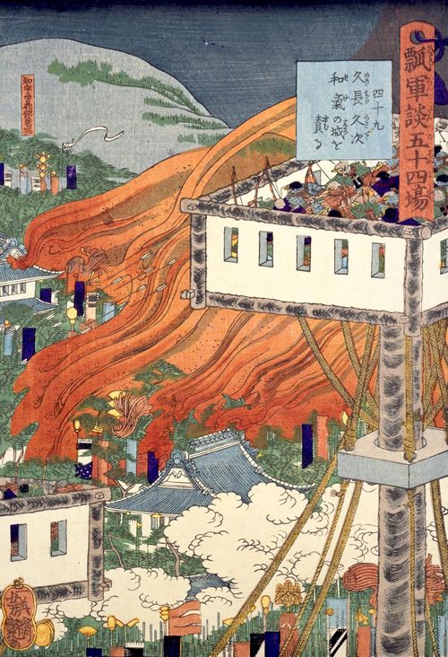 脇城を攻撃する羽柴軍を描いた「瓢軍談五十四場 久長久次和気の城を責る」