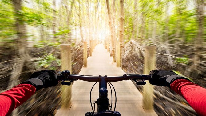 レース中のマウンテンバイクからの視点