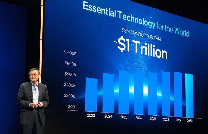 米インテルが開いた半導体の受託生産事業に関するイベントで講演するタン最高経営責任者(CEO)=2025年4月29日、アメリカ・カリフォルニア州サンノゼ