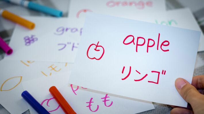 果物の絵と日本語、英語が書かれたカード