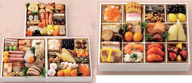 （左）「八百彦本店　和洋三段重（冷蔵）」／（右）「八百彦本店　和洋中一段重（冷蔵）」。ファミマのおせちは、今年から店頭受け取りか宅配かを選択できるようになった