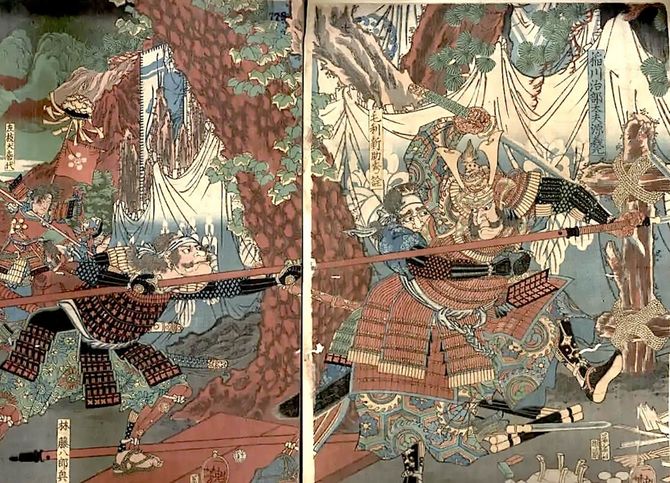 大日本歴史錦繪・桶狭間合戦稲川義元朝臣陳歿之図。義元に毛利新介が背後から襲いかかる