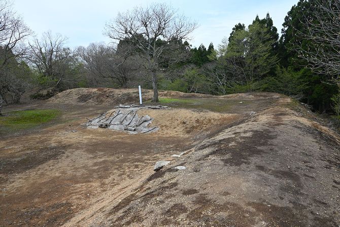主郭を囲む土塁と、北東角の櫓台（天守台）。