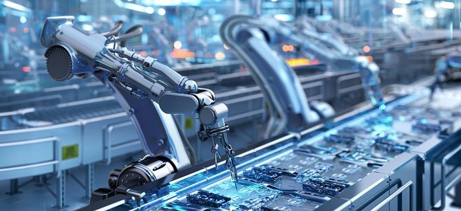 工場で電子基板を組み立てるロボットアーム