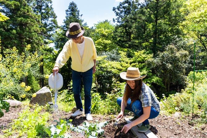 晴れた日に庭で一緒に働く父と娘