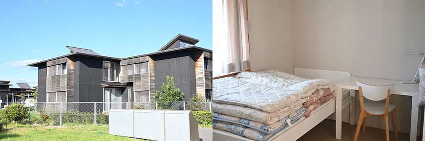 寮の外観と1人部屋の様子。
