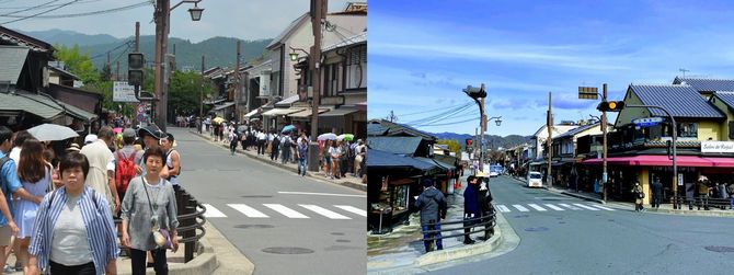 嵐山のメインストリート（2018年夏）と現在（2020年2月）