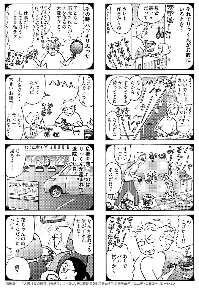 妻と立場を交替した夫・トシハルは、ワンオペを体験することで「仕事だけやってるほうが絶対ラク」と確信する。立場を替えることで見える風景がある。