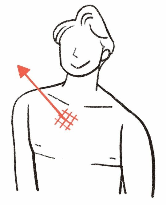 胸骨からナナメ上の方向に小さな矢印を向けるイメージ