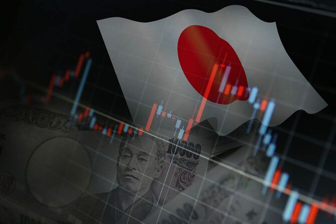 日本の国旗と株価チャートのイメージ