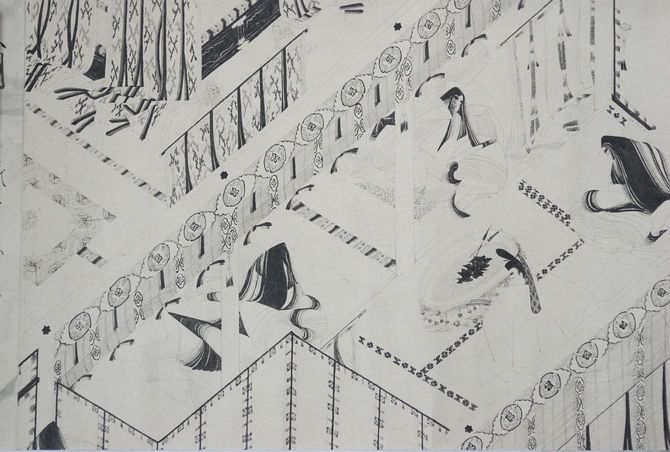 作者不明「枕草子絵詞」(部分)定子の暮らす宮中に妹の原子と父藤原道隆、道隆の夫人貴子が訪れ定子に対面する(三巻本100段)