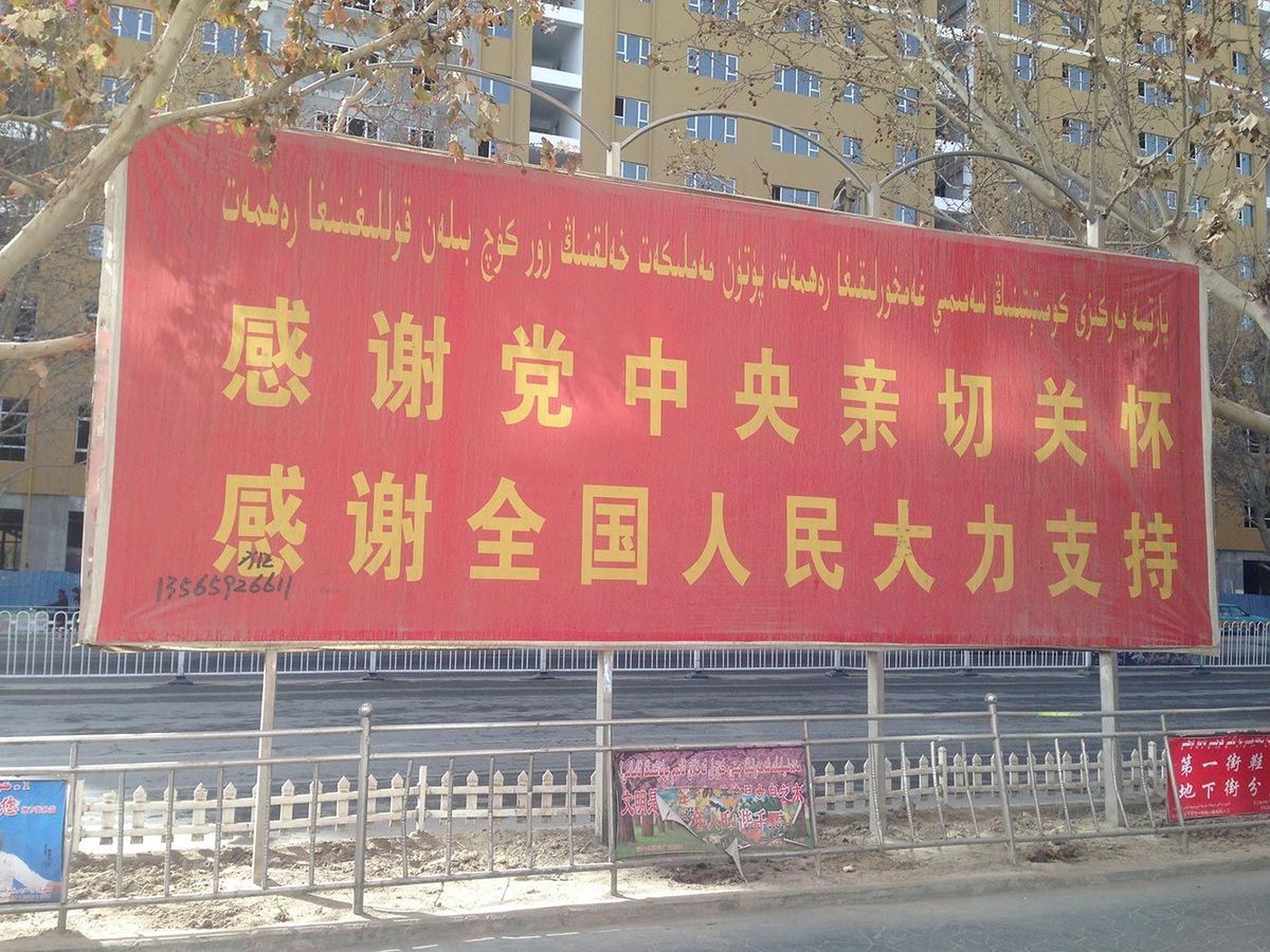 2014年3月、新疆ウイグル自治区ヤルカンド市内で撮影した党中央と全国人民のサポートへの「感謝」を求めるプロパガンダ看板。
