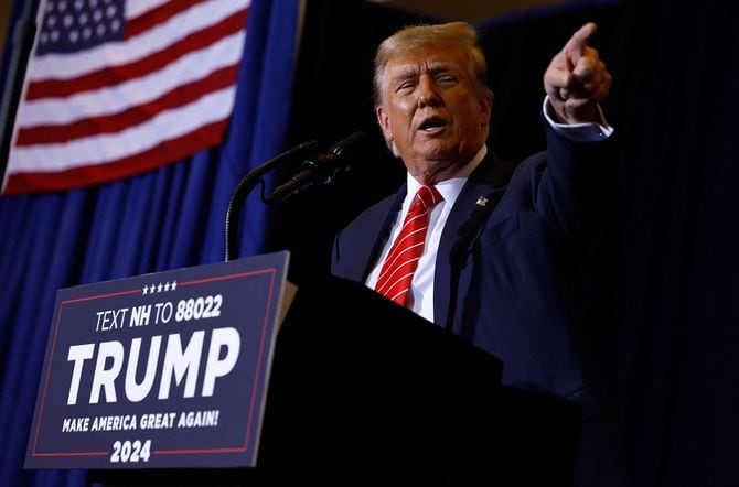 米大統領選で返り咲きを目指すトランプ前大統領(2024年1月19日、ニューハンプシャー州コンコード)