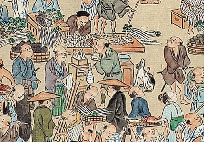 図②　昼日中、しかも路上で酒が売られていたお江戸日本橋。『熈代勝覧』。『<a href="https://www.amazon.co.jp/exec/obidos/ASIN/483344075X/presidentjp-22" target="_blank">江戸呑み</a>』より。