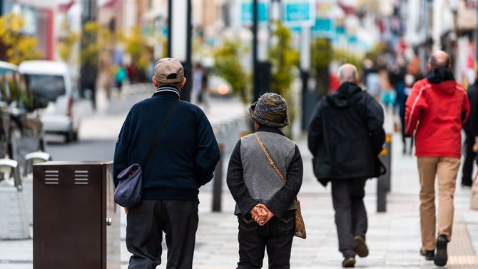 奈良市街を歩くシニアカップルの背中