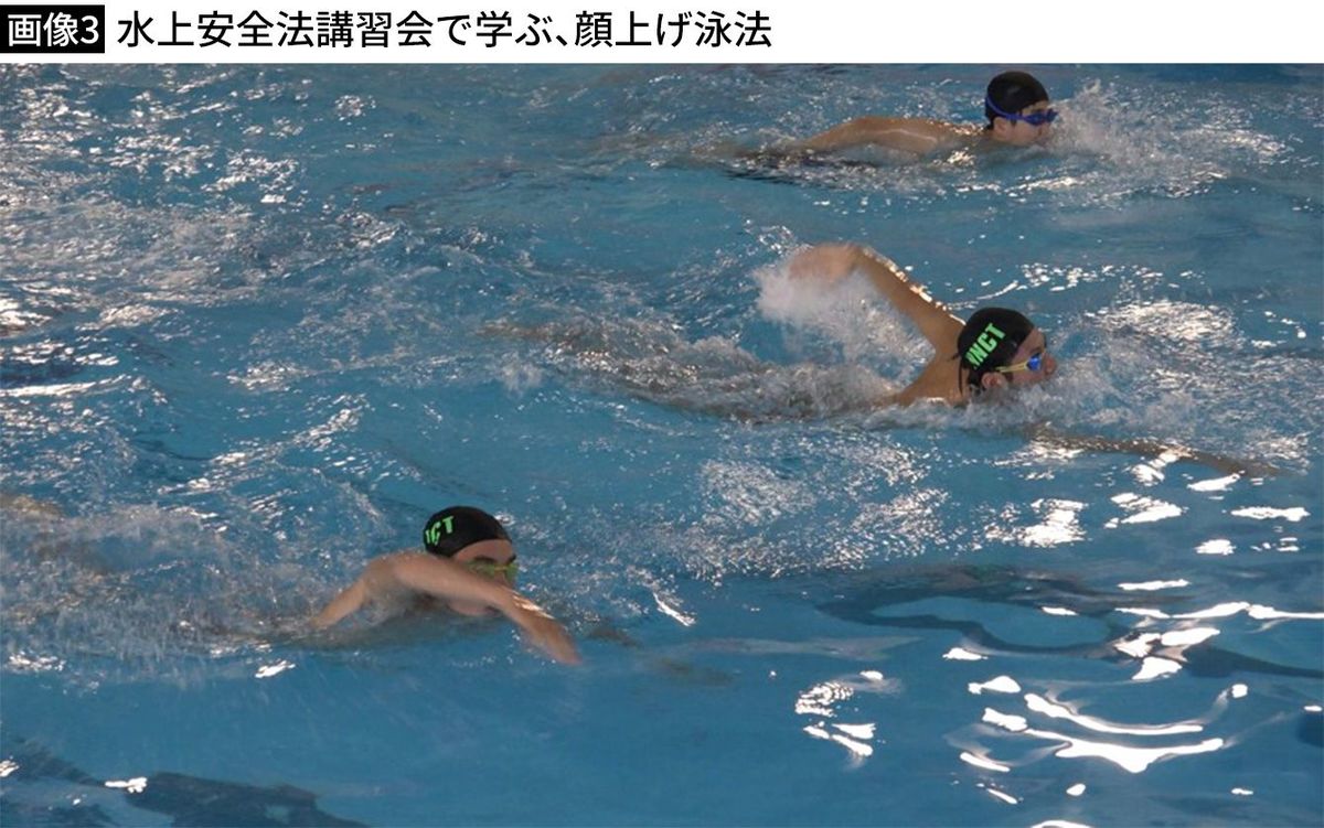 【画像3】水上安全法講習会で学ぶ、顔上げ泳法