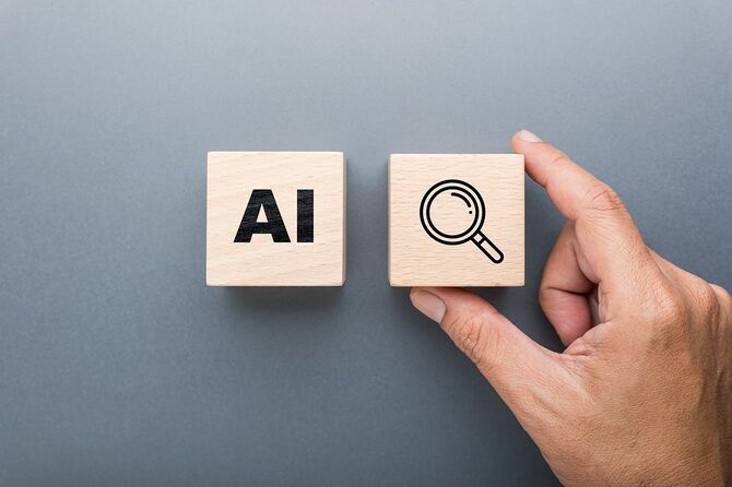 AIと虫眼鏡アイコンの木製ブロック