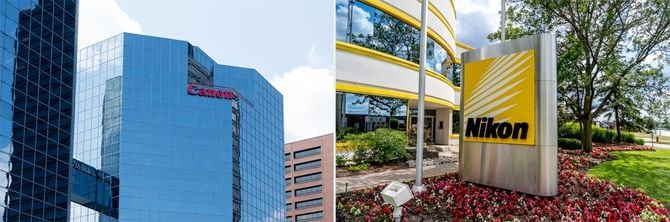 キヤノンのオフィスビル（左）、ニコンの看板（右）