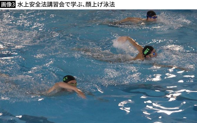 【画像3】水上安全法講習会で学ぶ、顔上げ泳法