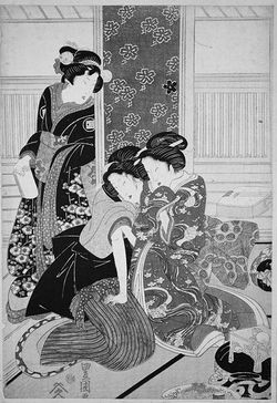 在銘　文を読む美人図　遊女　浮世絵　吉原　島原　肉筆　直筆 吉原遊女の日常光景が眼に浮かぶ…『青楼美人合姿鏡』に詠まれた