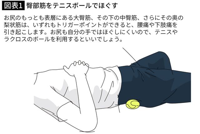 臀部筋をテニスボールでほぐす