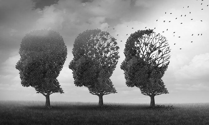 認知症やアルツハイマー病による記憶喪失と脳老化の概念を、3Dイラスト要素を持つ人間の頭が葉を失う人間の頭の形をした下木を持つ医療アイコンとして。