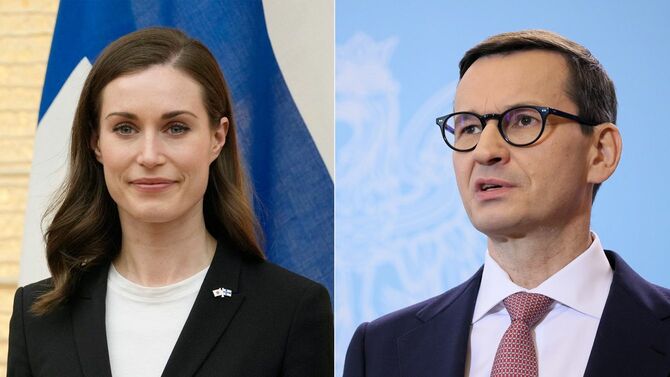 （写真左）フィンランドのサンナ・マリン首相（＝2022年5月11日、東京都）／（写真右）ポーランドのマテウシュ・モラウィエツキ首相（＝2022年4月29日、ポーランド・ワルシャワ）