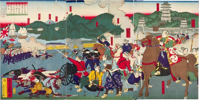 戊辰戦争最後の戦い、箱館戦争の図。歌川芳虎画『時明治元戊辰ノ夏旧幕ノ勇臣等東台ノ戦争破レ奥州ヘ脱走ナシ夫ヨリ函館ヘ押渡再松前城ニ於テ合戦ノ図』