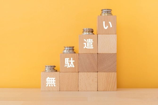 「無駄遣い」の文字が付いた木製のブロックが積み上げられている