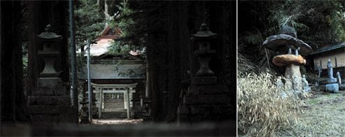 映画にも登場する湯野神社。大ケヤキから続く参道は杉に囲まれ、古から続く荘厳な雰囲気を味わうことができる。鳥居の横には「砂の器」の石碑も（左）。「亀嵩」には古くからの集落が残る。町角に立つ地蔵（右）。