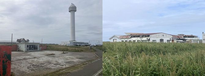 オーロラタワー周辺は朽ちかけた建物が点在する