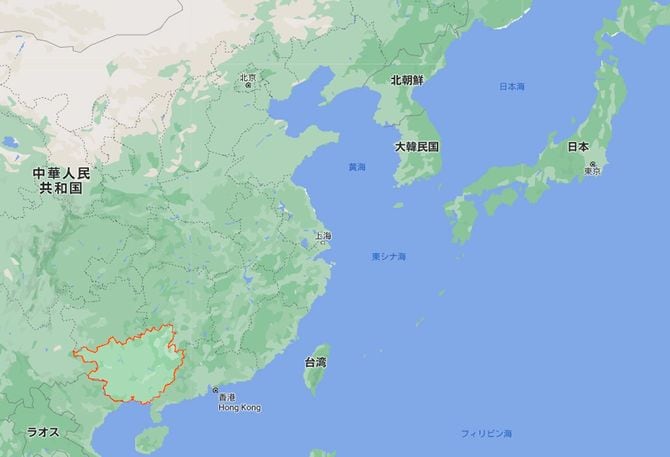 広西チワン族自治区の場所(Google mapより)。地理的にはかなり南にある。
