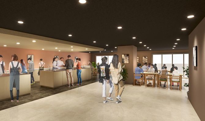 『ドーミー』学生寮の共用キッチン及びダイニングルームのイメージ。