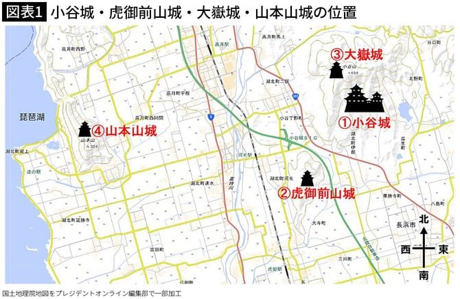 【図表1】小谷城・虎御前山城・大獄城・山本山城の位置