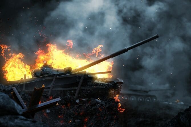 夕暮れ時の戦場で燃える戦車