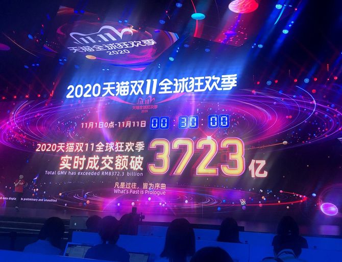 中国・杭州市で開かれた、阿里巴巴(アリババ)の「独身の日」関連イベント=2020年11月11日