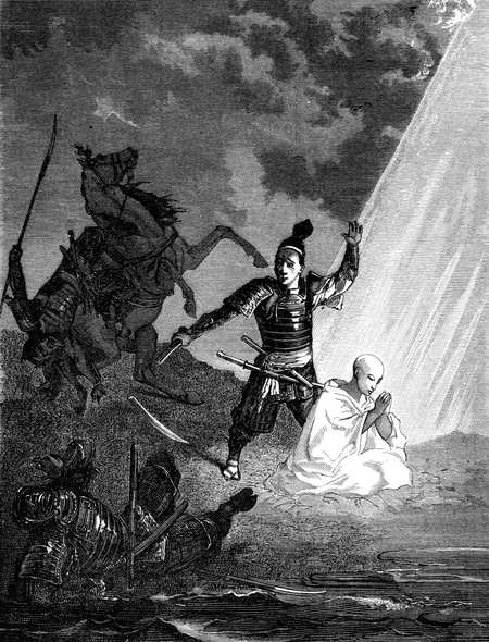 戦場の武士と祈る僧侶の絵