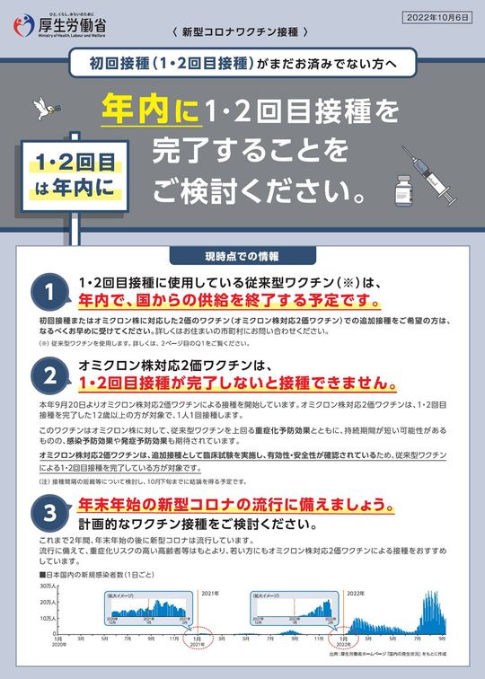 厚生労働省 新型コロナワクチン 従来ワクチンの早期接種案内リーフレットより