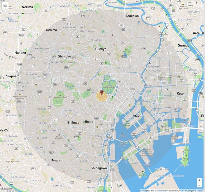 爆心地から半径8.54kmのシミュレーションマップ