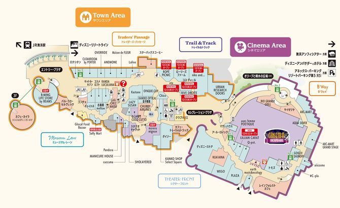 イクスピアリのマップ。駅側にタウンエリアがあり、施設奥側には映画館やホテル、劇場などがある。エントリープラザ付近は人通りが多いが、シネマエリアに入るあたりで少しずつ人が減っていく。イクスピアリHPより