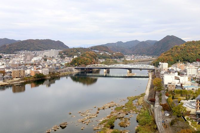 犬山城天守から北東の眺め。橋の左たもとの小山が鵜沼城
