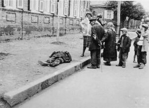 飢えた人々の同情を誘う街角の死体（写真＝Alexander Wienerberger、1935年出版『Muss Russland Hungern?』より／Street photography in Kharkiv／Wikimedia Commons）